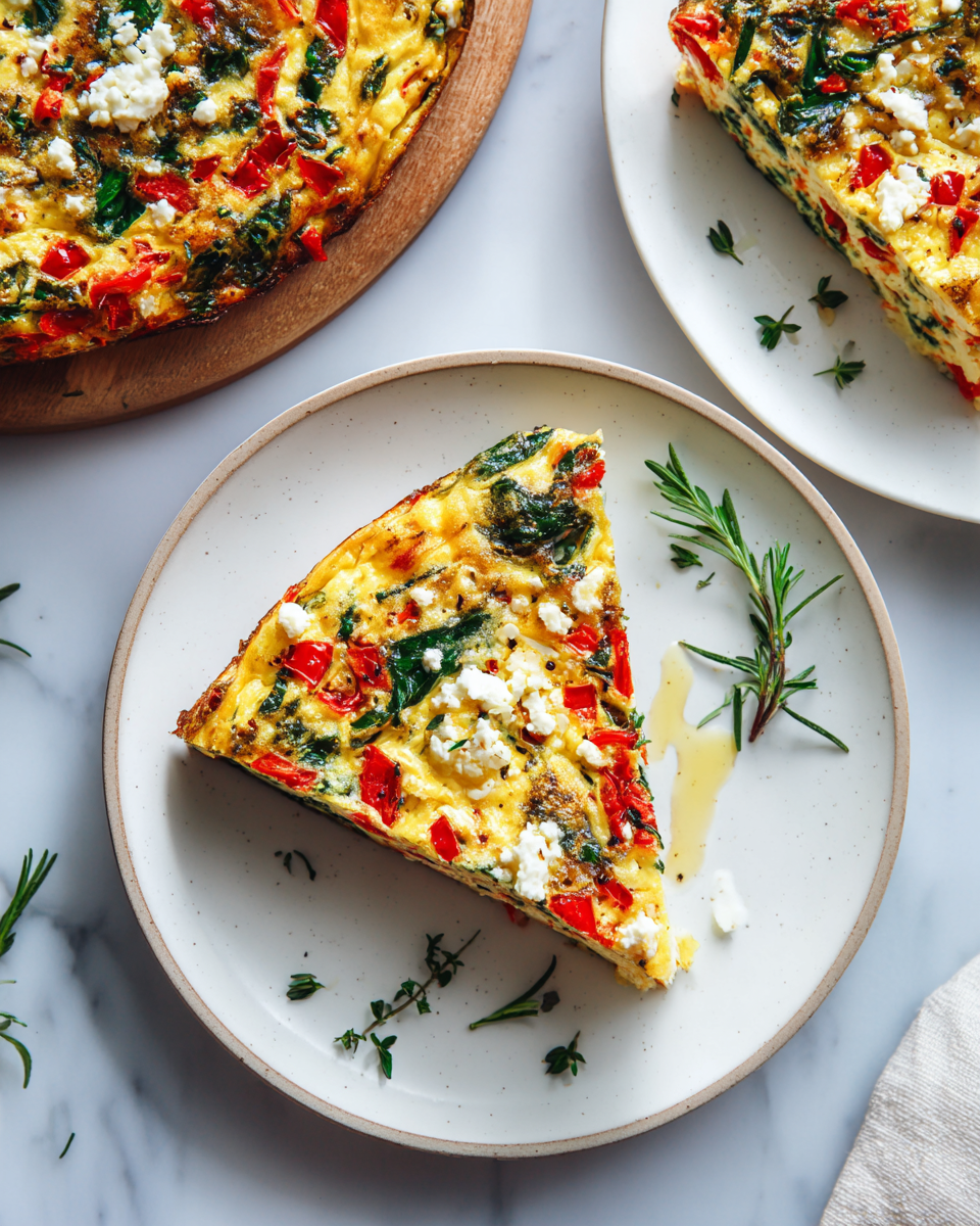 A vibrant roasted red pepper and spinach frittata served on a plate, showcasing layers of colorful ingredients and garnished with fresh herbs.