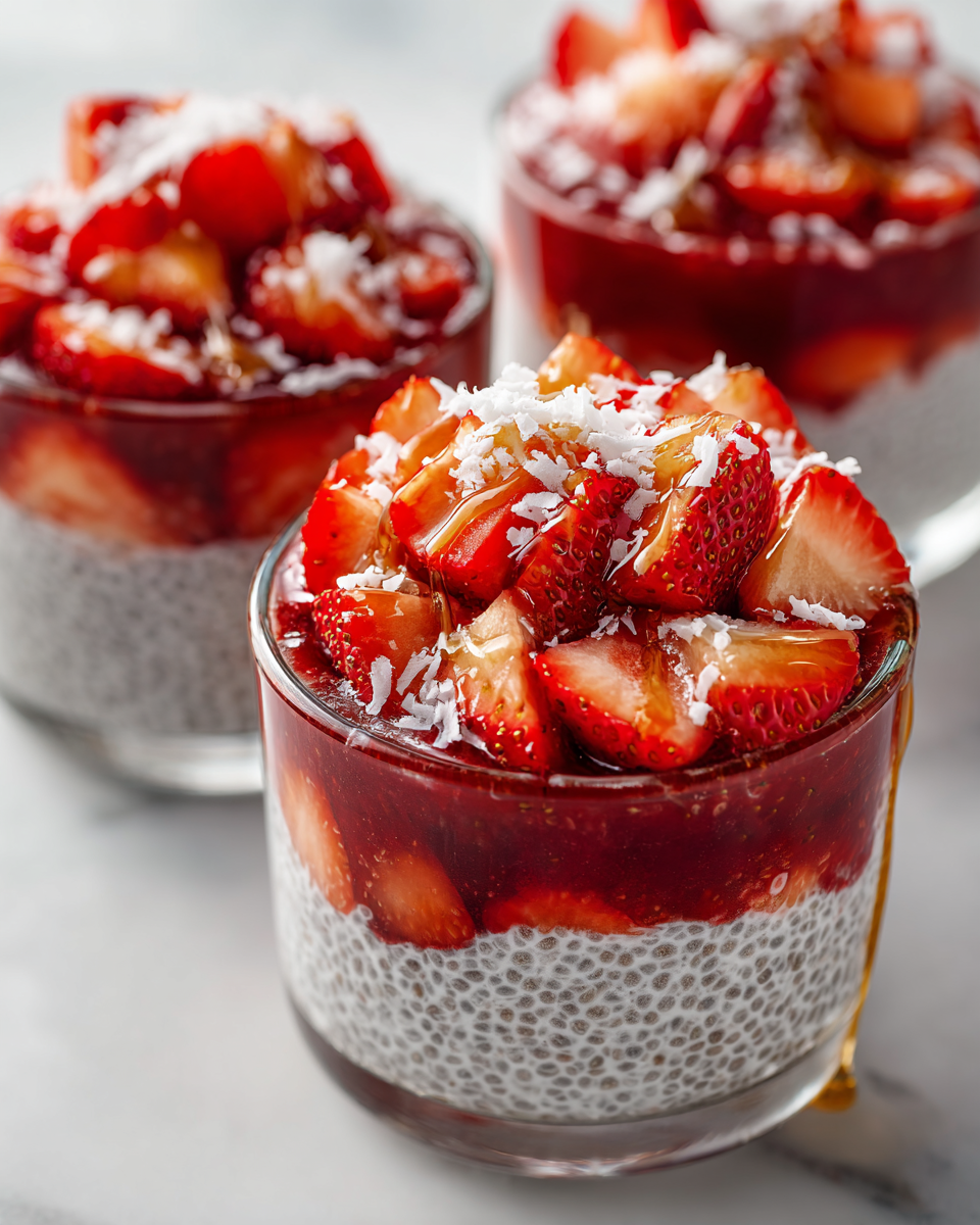 Strawberry chia seed pudding topped with fresh strawberries for a healthy dessert option