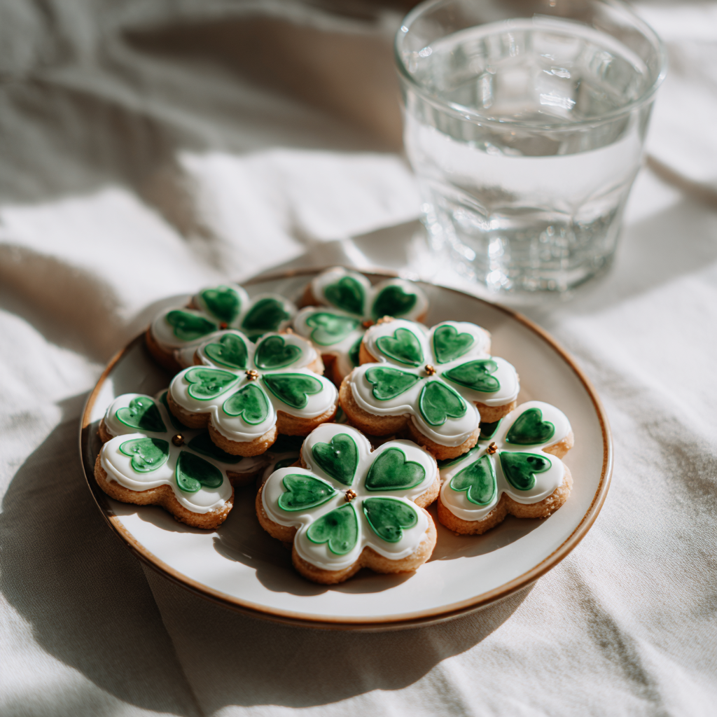 Close-up of finished St Patrick's Day royal icing cookies on a white plate, showcasing intricate designs