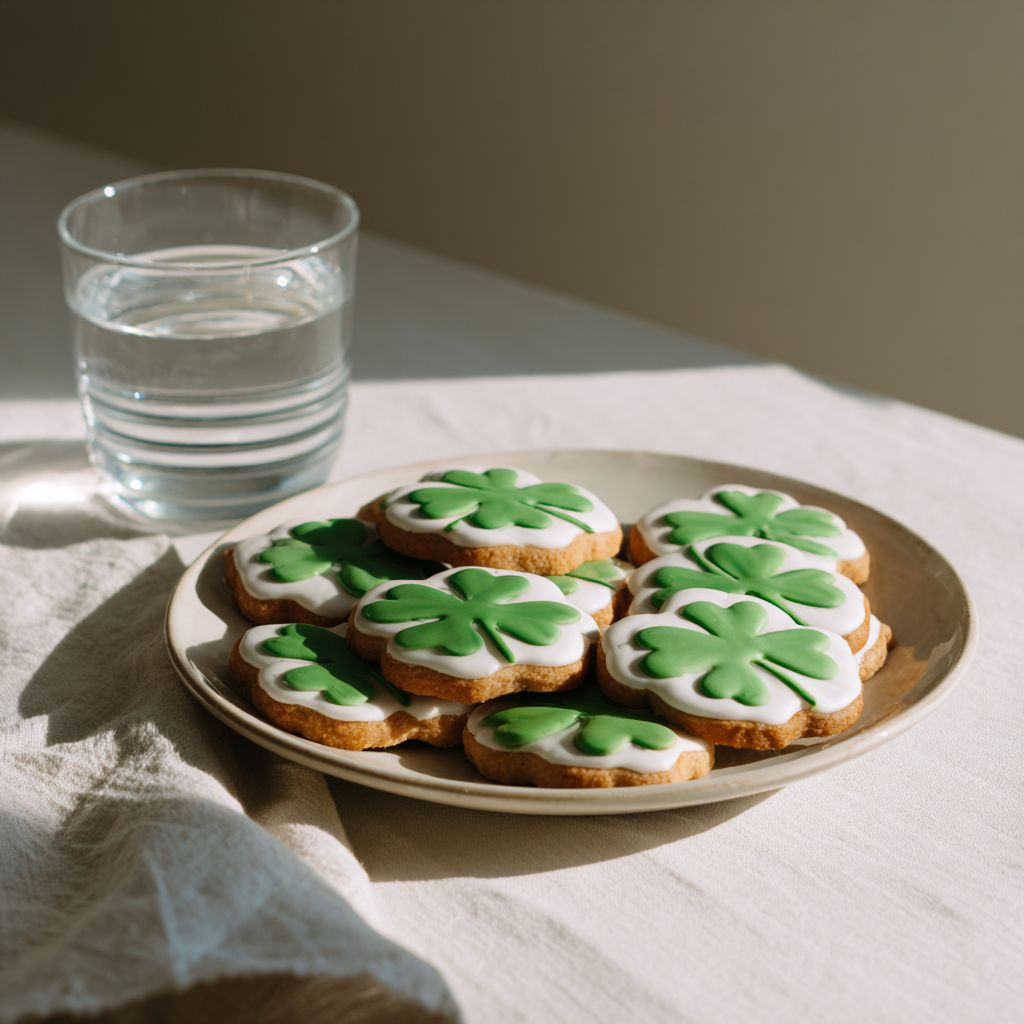 Beautifully decorated St Patrick's Day royal icing cookies with shamrocks and gold accents