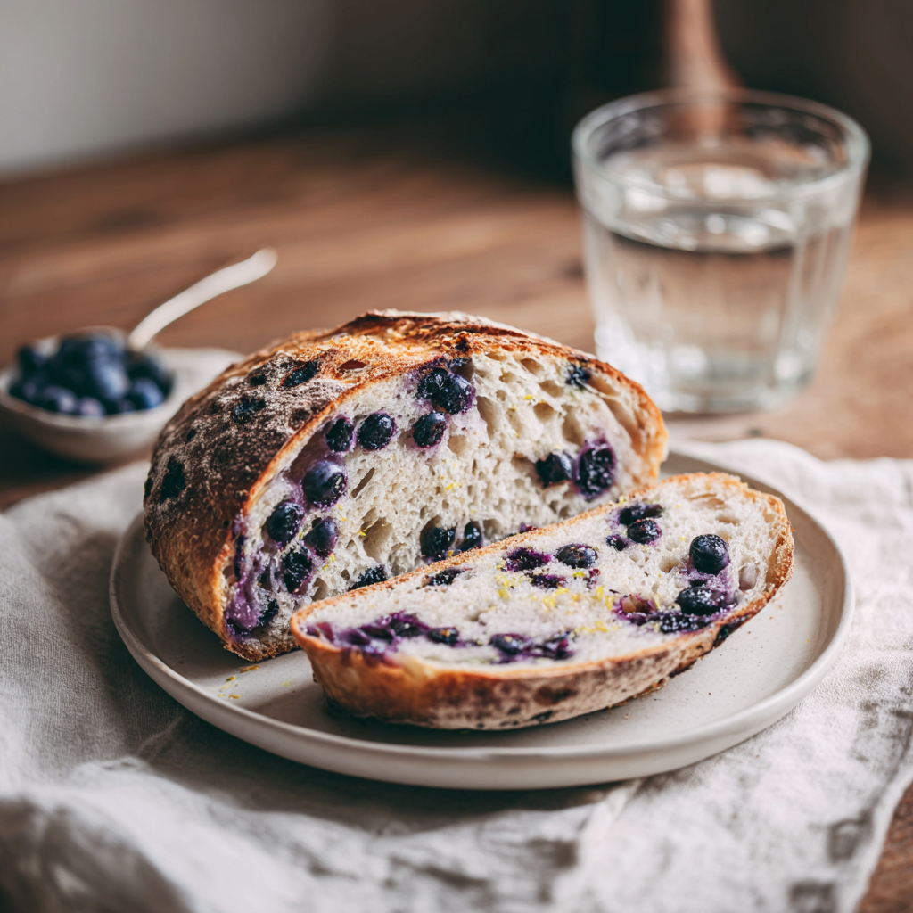 A freshly baked loaf of lemon blueberry sourdough bread, sliced to show the vibrant blueberries and airy crumb.