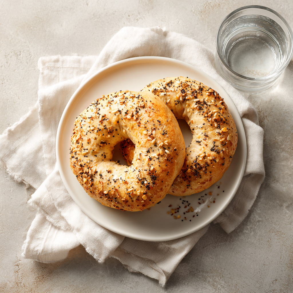 Freshly baked protein bagels with Greek yogurt easy, golden brown and sprinkled with everything bagel seasoning on a wire rack.