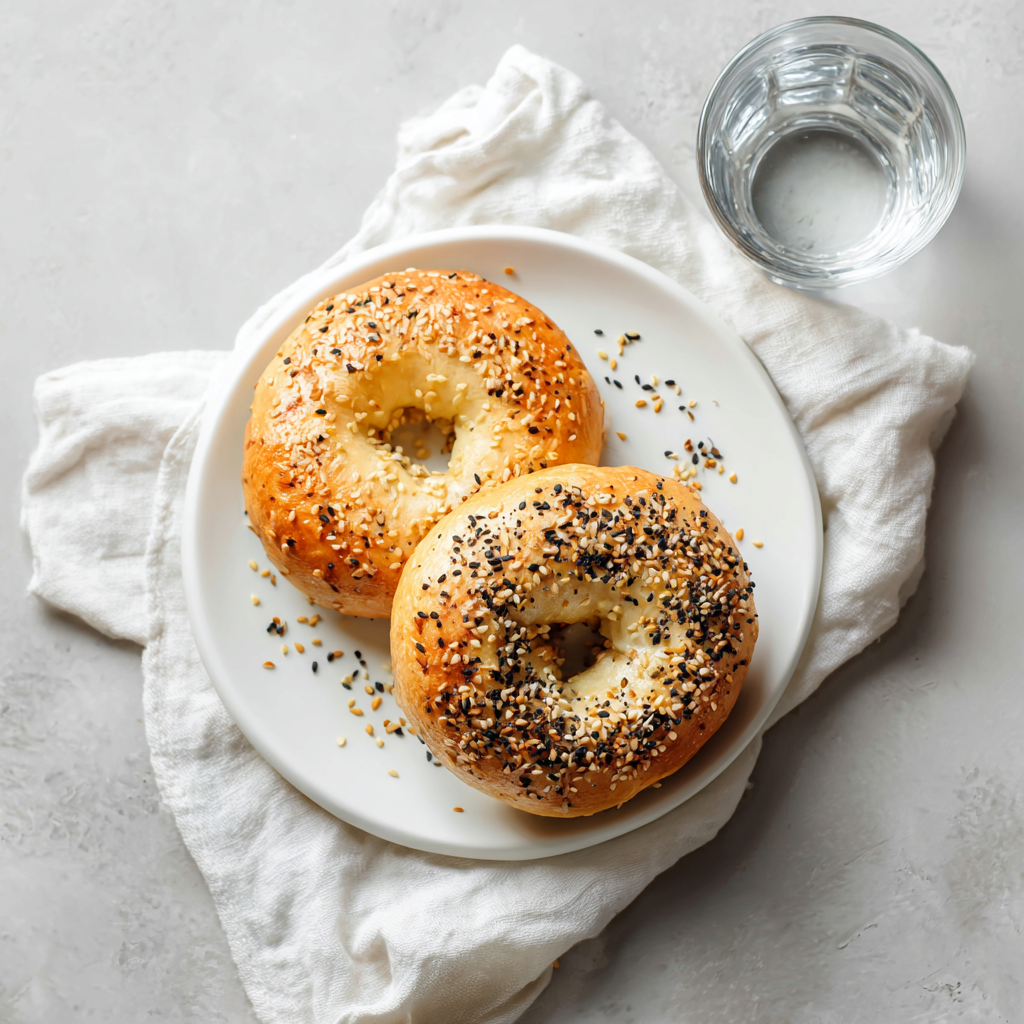 A freshly sliced protein bagel with Greek yogurt easy topped with a generous amount of cream cheese and fresh chives, ready to be enjoyed.
