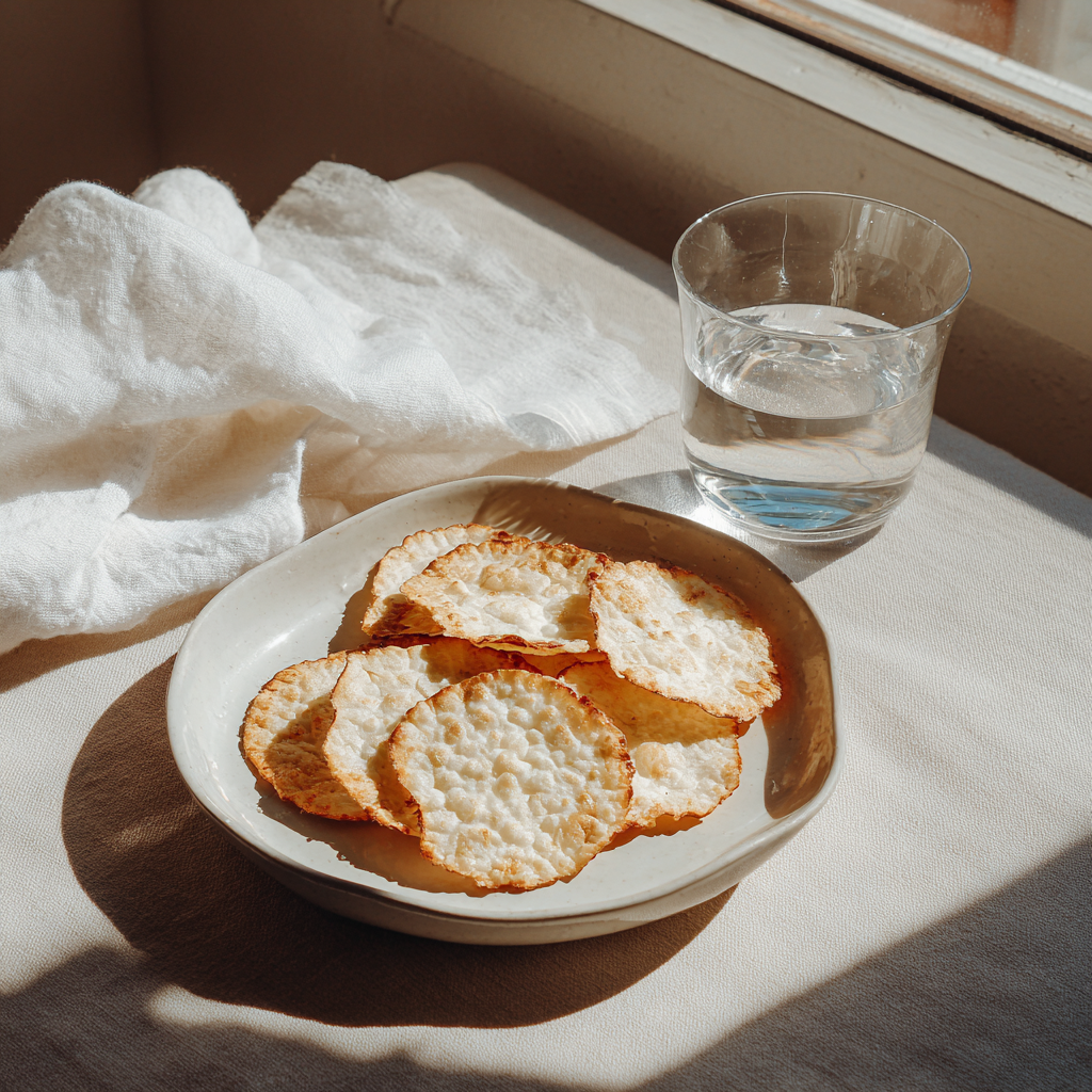 Cottage cheese chips oven baked, presented on a rustic board with a bowl of creamy dip and fresh dill.