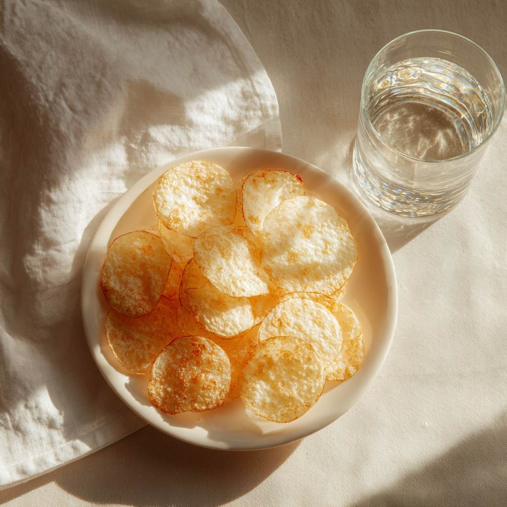 Crispy golden cottage cheese chips baked in the oven, stacked on a plate with fresh herbs.
