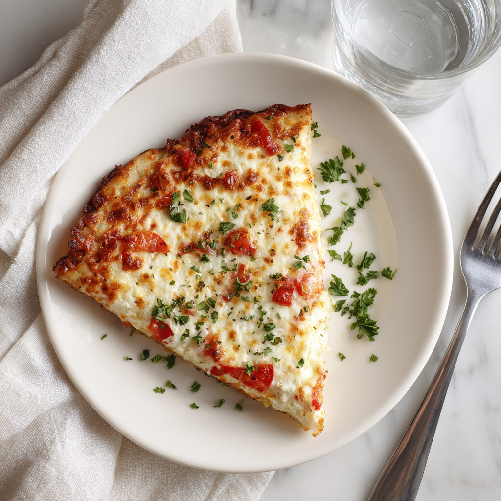 A perfectly cooked cottage cheese pizza crust keto topped with vibrant vegetables and melted cheese, ready to be sliced.