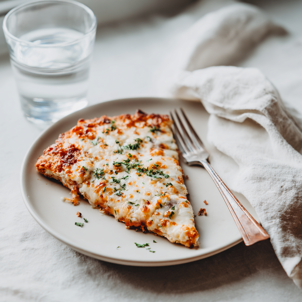 A close-up shot of a thick, cheesy cottage cheese pizza crust keto with rich tomato sauce and fresh basil.