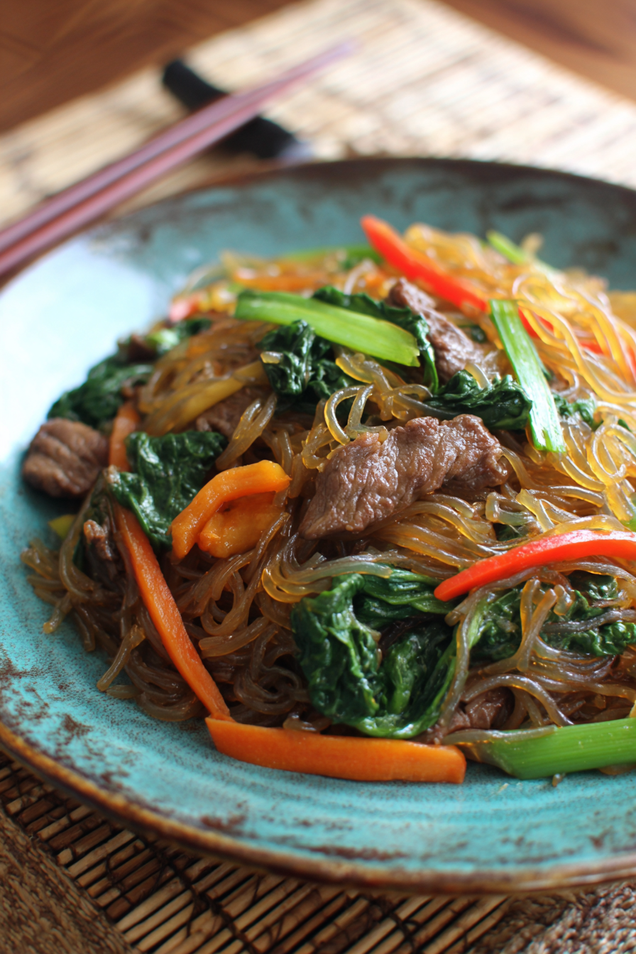 Korean Japchae Noodles with Beef and Vegetables finished dish